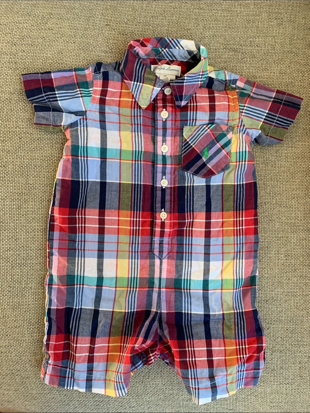Baby Romper 100% cotton short sleeve Ralph Lauren Plaid baby boy size 6 months